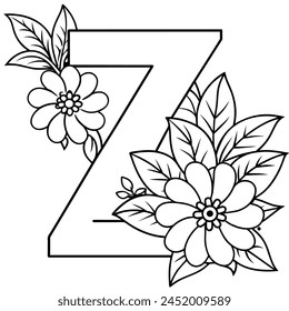 Alphabet Z coloring page with the flower, Z letter digital outline floral coloring page, ABC coloring page