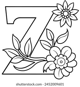 Alphabet Z coloring page with the flower, Z letter digital outline floral coloring page, ABC coloring page