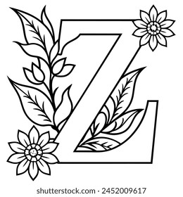 Alphabet Z coloring page with the flower, Z letter digital outline floral coloring page, ABC coloring page