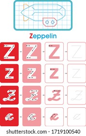 Alphabet Z Lernbuchstaben setzen Übung mit Zeppelin für Kinder-Arbeitsblatt schreiben isolierten Hintergrund. Vektorgrafik