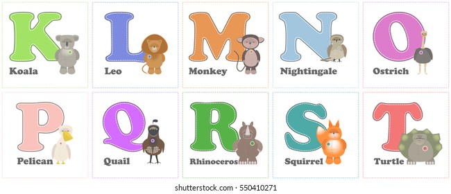 Alphabet Zoo, funny plush animals. English alphabet letters with K on T. Vector cartoon
