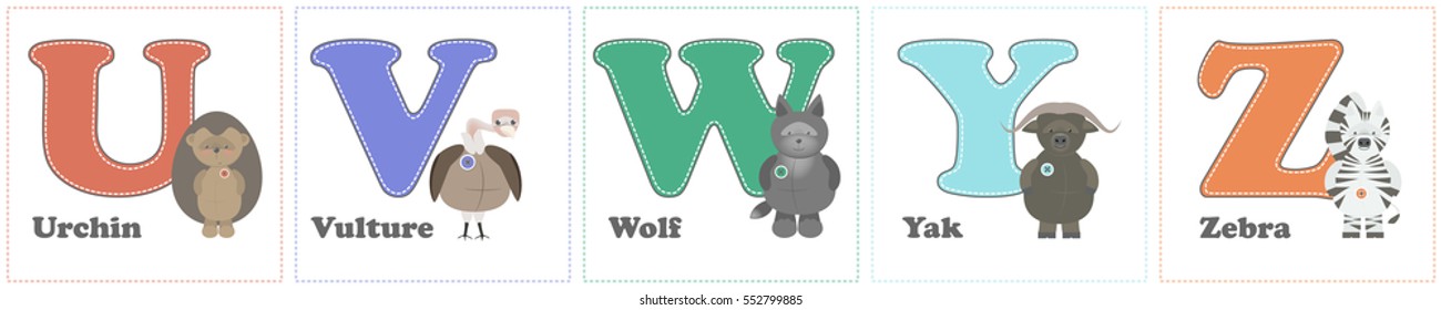 Alphabet Zoo, funny plush animals. English alphabet letters with U in Z. The vector cartoon