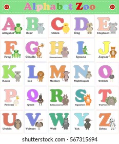 Alphabet Zoo, funny plush animals. English alphabet. Vector cartoon