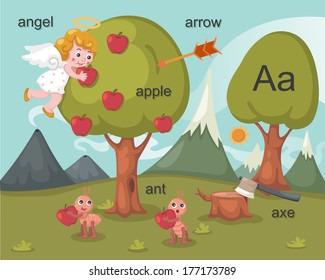 Alphabet.A letter.angel,apple,arrow,ant,axe.