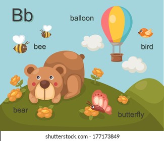 Alphabet.B letter.bee,bear,balloon,bird,butterfly.