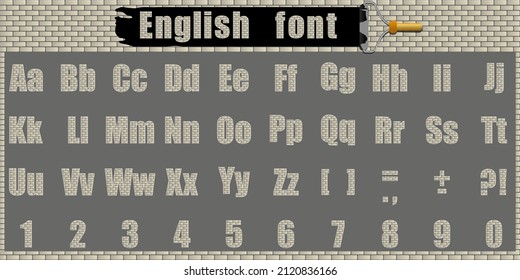 Alphabet.Creative English font.English letters, numbers and punctuation marks in the image of brickwork.Font for the construction business.