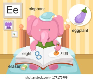 Alphabet.E letter.eraser,eight,egg,eggplant,elephant.