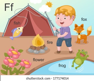 Alphabet.F letter.fish,wire,flower,frog,fox.