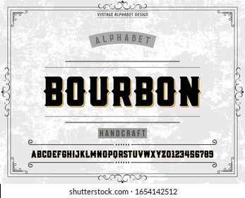 Alphabet.Font.Typeface.Script.Shadow Effect.Handcrafted handwritten vector label design old style.vintage Hand Drawn.Retro Typography.Vector Illustration. named bourbon