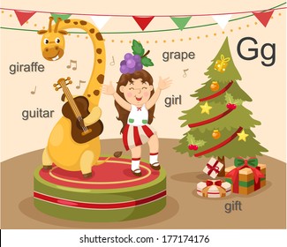 Alphabet.G letter.giraffe,guitar,girl,grape,gift.