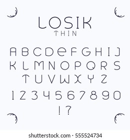 Alphabetic fonts and numbers isolated on white backgroud. Vector illustration. Losik Thin font.
