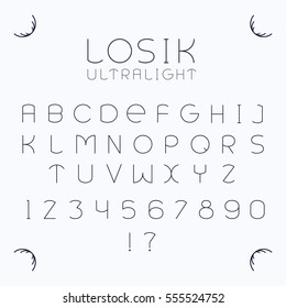 Alphabetic fonts and numbers isolated on white backgroud. Vector illustration. Losik Ultralight font.

