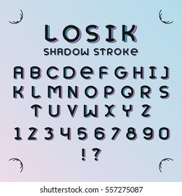 Alphabetic fonts and numbers isolated on white backgroud. Vector illustration. Losik shadow stroke font.