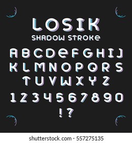 Alphabetic fonts and numbers isolated on white backgroud. Vector illustration. Losik shadow stroke font.