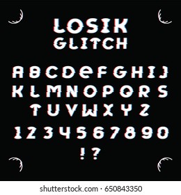 Alphabetic fonts and numbers isolated on white backgroud. Vector illustration. Losik glitch font.