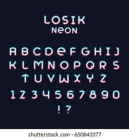 Alphabetic Fonts And Numbers Isolated On White Backgroud. Vector Illustration. Losik Neon Font.