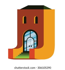 Alphabetic house. Handmade font with flat style illustration