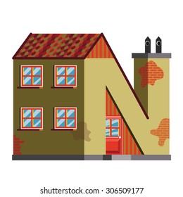 Alphabetic house. Handmade font with flat style illustration