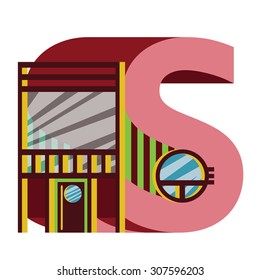 Alphabetic house. Handmade font with flat style illustration