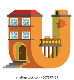 Alphabetic house. Handmade font with flat style illustration