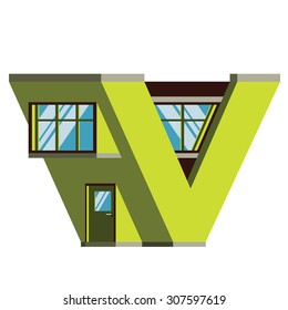 Alphabetic house. Handmade font with flat style illustration