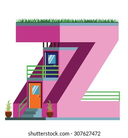 Alphabetic house. Handmade font with flat style illustration