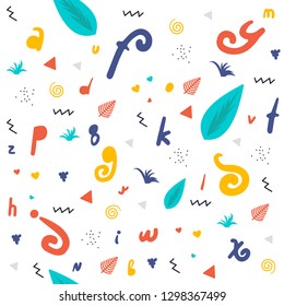 Alphabetic pattern on white background. Cute background with funny color letters of unusual shape