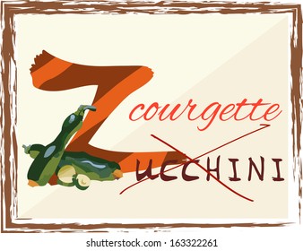 Alphabetic style template with a zucchini: depicts language variation in English-speaking countries