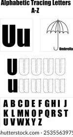 alphabetic tracing letters from A to Z of letter U.