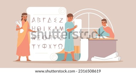 Alphabetic writing flat composition with ancient male writers and paper scrolls vector illustration