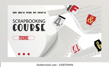 Alphabetical collage banner, web design vector illustration. Scrapbooking course. Words cut out by scissors from colorful paper. Pieces of squared and ruled paper. Constructing phrases.