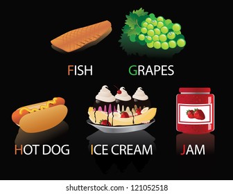 Alphabetical foods vector F through J. EPS 8, No open shapes or paths.