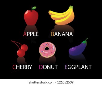 Alphabetical foods vector A though E. EPS 8, No open shapes or paths.