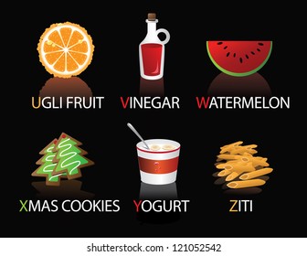 Alphabetical foods vector U through Z. EPS 8, No open shapes or paths.