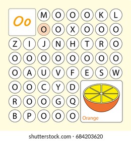 Alphabetical labyrinth.  worksheet. Learning a letter  O. Task -  Go by the letter O (paint all the circles where there is a letter O). Learning alphabet. worksheet  for preschool children, kids. 