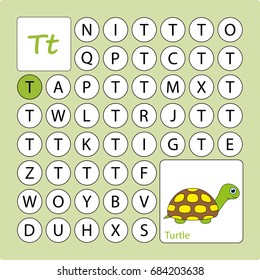 Alphabetical labyrinth.  worksheet.  Learning a letter T . Task -  Go by the letter T (paint all the circles where there is a letter T). Learning alphabet. worksheet  for preschool children, kids. 