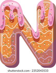 Alphabetical material in the form of gingerbread with icing with a fun atmosphere. Cheerful, multi-colored, glossy, children's alphabet. Colored letters. Vector illustration. Letter N