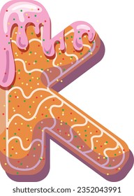 Alphabetical material in the form of gingerbread with icing with a fun atmosphere. Cheerful, multi-colored, glossy, children's alphabet. Colored letters. Vector illustration. Letter K
