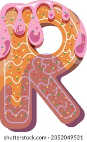 Material alfabético en forma de pan de jengibre con hielo y atmósfera divertida. Alegre, multicolor, brillante, alfabeto infantil. Letras de colores. Ilustración vectorial. Letra R