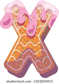 Alphabetical material in the form of gingerbread with icing with a fun atmosphere. Cheerful, multi-colored, glossy, children's alphabet. Colored letters. Vector illustration. Letter X