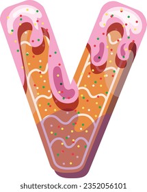 Alphabetical material in the form of gingerbread with icing with a fun atmosphere. Cheerful, multi-colored, glossy, children's alphabet. Colored letters. Vector illustration. Letter V