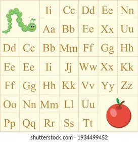 Alphabetical maze with a cute caterpillar and a red apple. Educational game for children. Help me find a way. We learn the English alphabet. Tasks for children. Worksheet for preschoolers. Flat vector