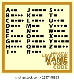 Alphabetical order with Morse code and bold text in frame on light yellow background to commemorate Learn Your Name In Morse Code Day on January 11