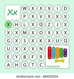 Alphabetical PUZZLE, labyrinth. Learning a letter X . Task -  Go by the letter X (paint all the circles where there is a letter X ). Learning alphabet. worksheet  for preschool children, kids. 