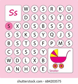Alphabetical PUZZLE, labyrinth. Learning a letter S . Task -  Go by the letter S (paint all the circles where there is a letter S). Learning alphabet. worksheet  for preschool children, kids. 