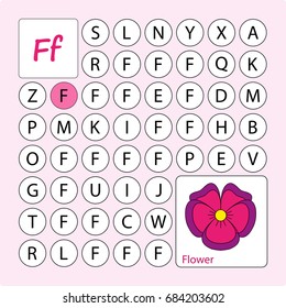 Alphabetical PUZZLE, labyrinth. Learning a letter F. Task -  Go by the letter F (paint all the circles where there is a letter F). Learning alphabet. worksheet  for preschool children, kids. 