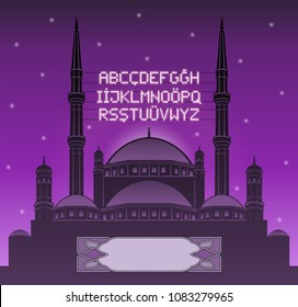 Alphabetical ramadan mahya lights over a mosque silhouette in front of lilac sky. All the objects and letters are in different layers and you can write anything you want with the mahya candles. 