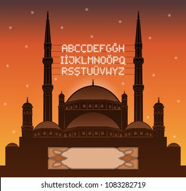 Alphabetical ramadan mahya lights over a mosque silhouette in front of sunset. All the objects and letters are in different layers and you can write anything you want with the mahya candles. 