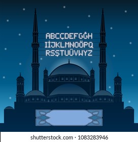 Alphabetical ramadan mahya lights over a mosque silhouette in front of night sky. All the objects and letters are in different layers and you can write anything you want with the mahya candles. 