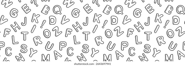 Alphabetical seamless pattern with different hand drawn latin letters in doodle style. Black letters on a white background. Vector wallpaper for back to school theme, wrapping, wallpaper, banners.